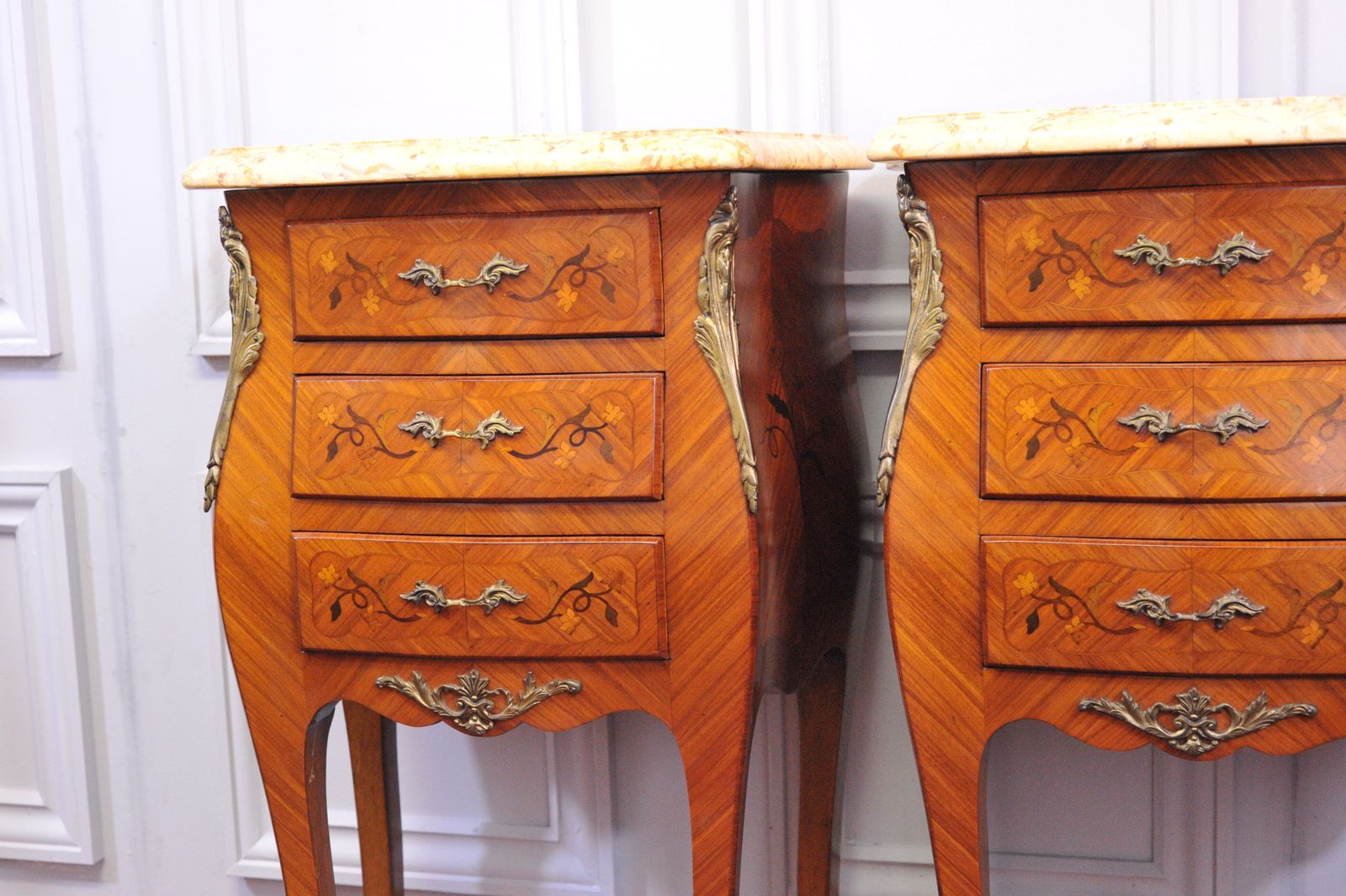 Pair Of Vintage French Mid C Louis XV Style Three Drawer Marble Top Cabinets Bedsides photo vintage