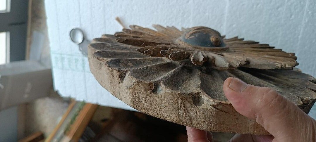 Old Baroque Frieze, Wooden Rose Window, Italy photo vintage