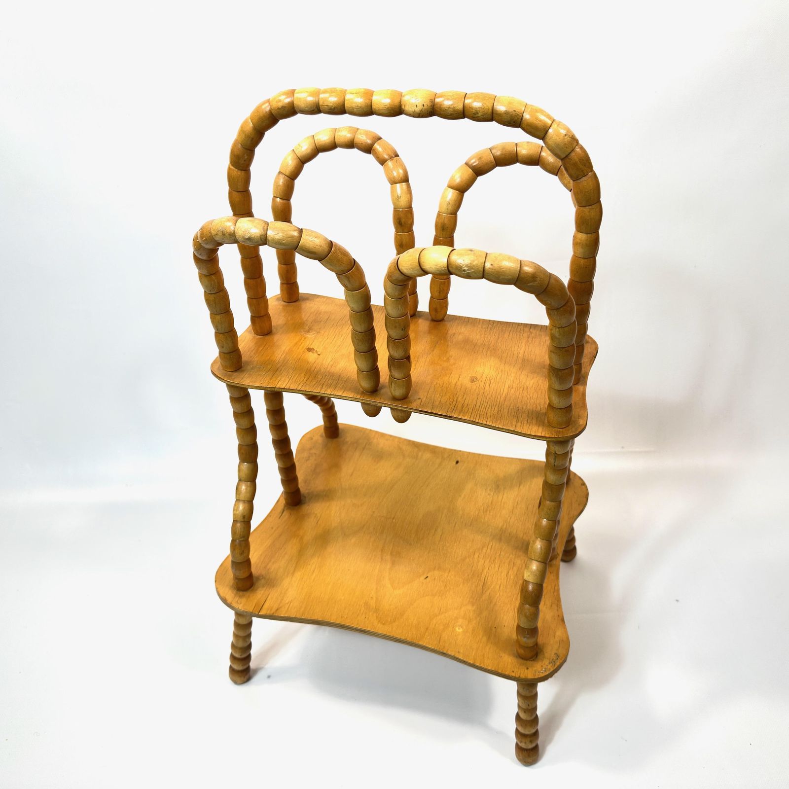 Vintage Wooden Magazine Rack: Rotating Bead Plant Stand, Mid Century Two Tier Table photo for sale