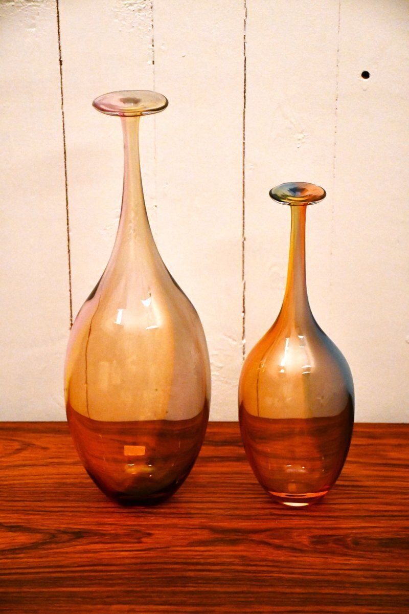 Swedish Handblown Art Glass Bottle Vases By Kjell Engman For Kosta Boda, 1990s, Set Of 2 photo vintage
