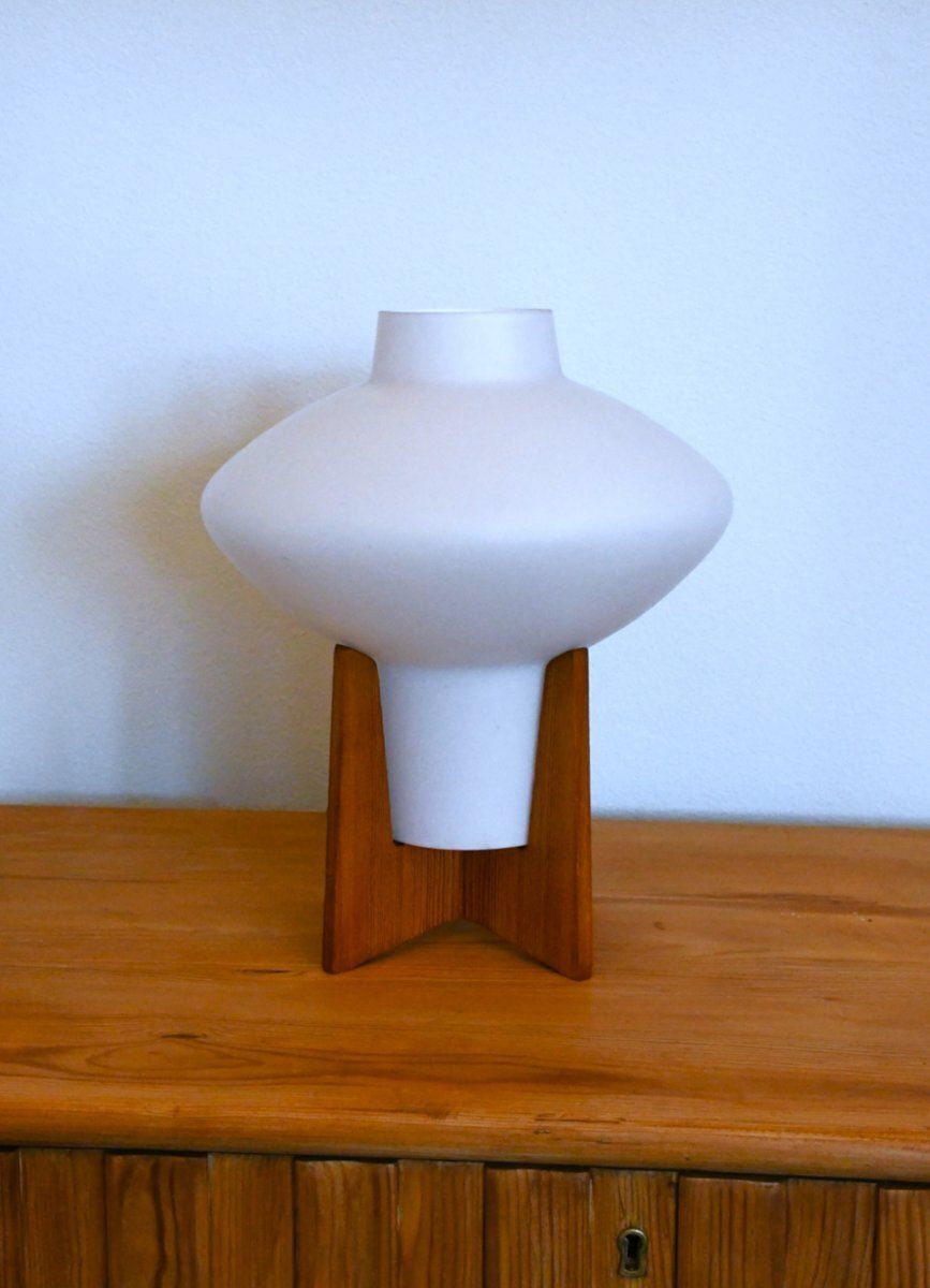 Swedish Glass And Pine Table Lamp By Uno & östen Kristiansson For Luxus, 1960s photo Lighting