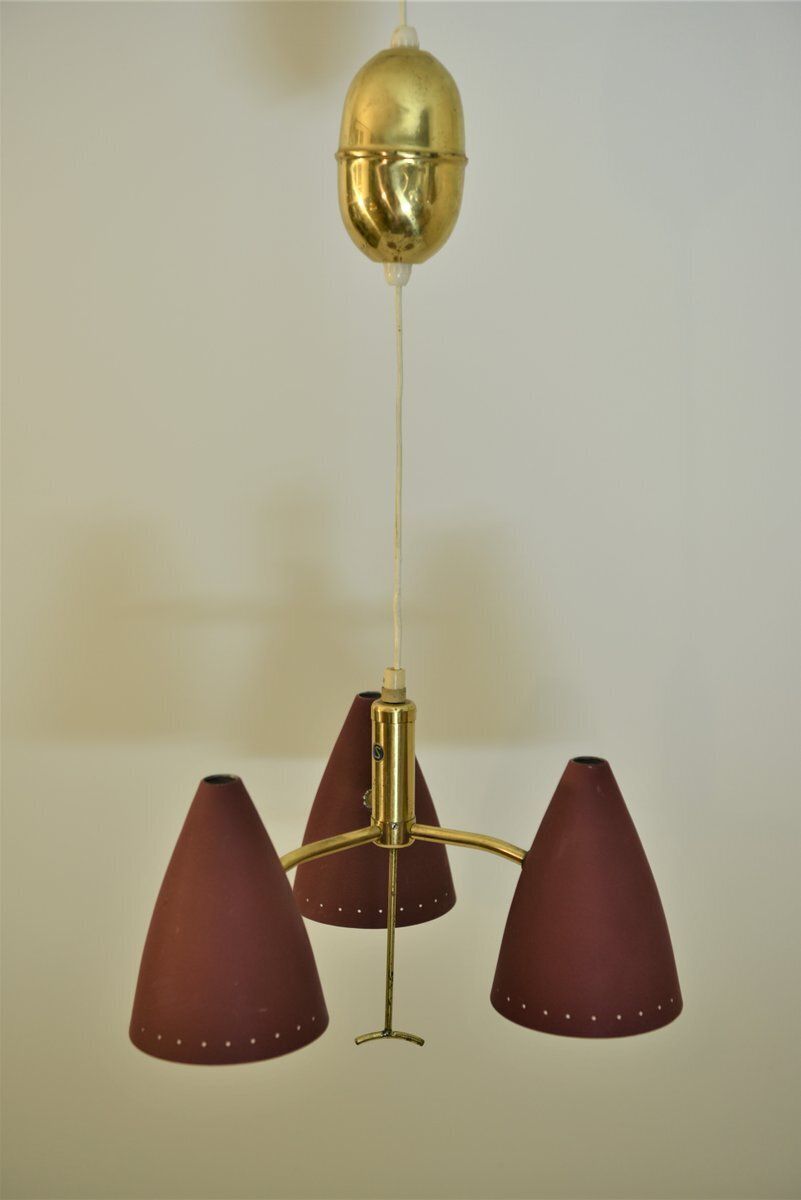 Swedish Modern Triple Pendant Lamp With Elevator Function, 1950s photo buy