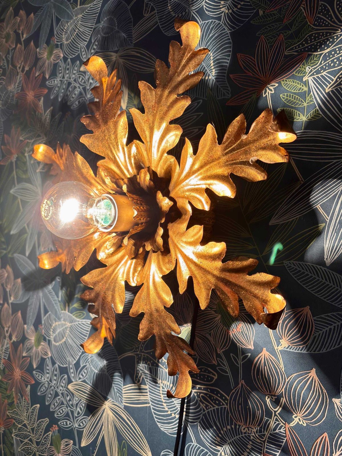 Ceiling Light, Wall Light “Flowers” Metal, Golden Vintage Design Of The 70s photo vinterior