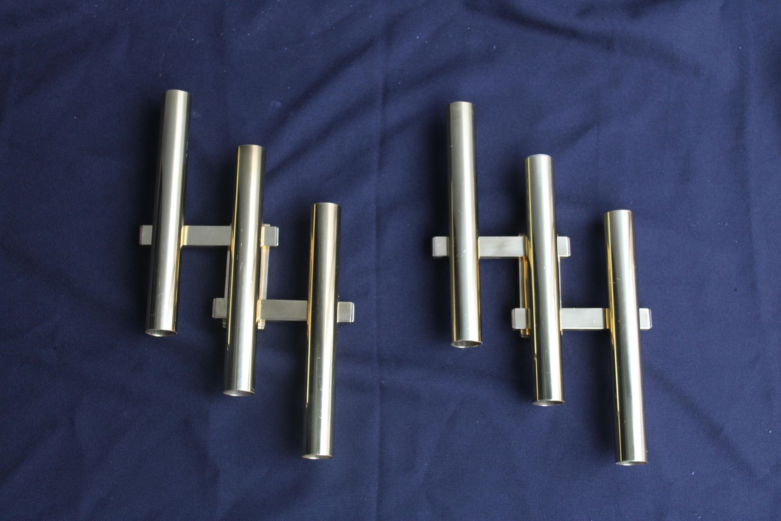 Pair Of Italian Wall Lamps Sciolari 1970 Golden Brass Tubulars. photo furniture