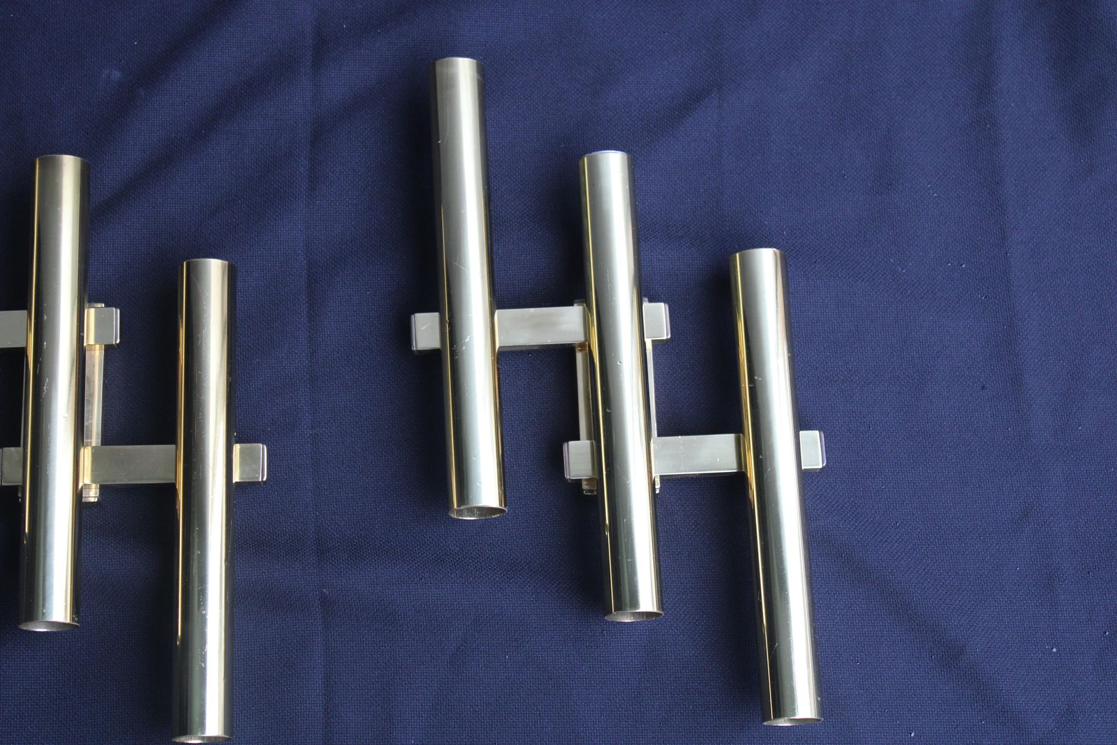 Pair Of Italian Wall Lamps Sciolari 1970 Golden Brass Tubulars. photo for sale