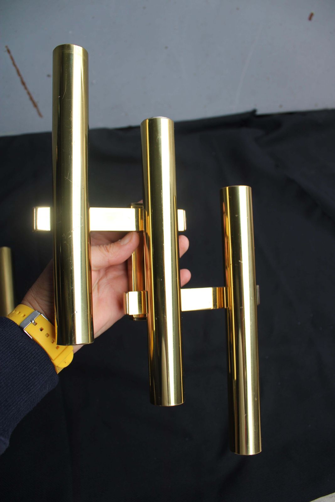 Pair Of Italian Wall Lamps Sciolari 1970 Golden Brass Tubulars. photo vintage