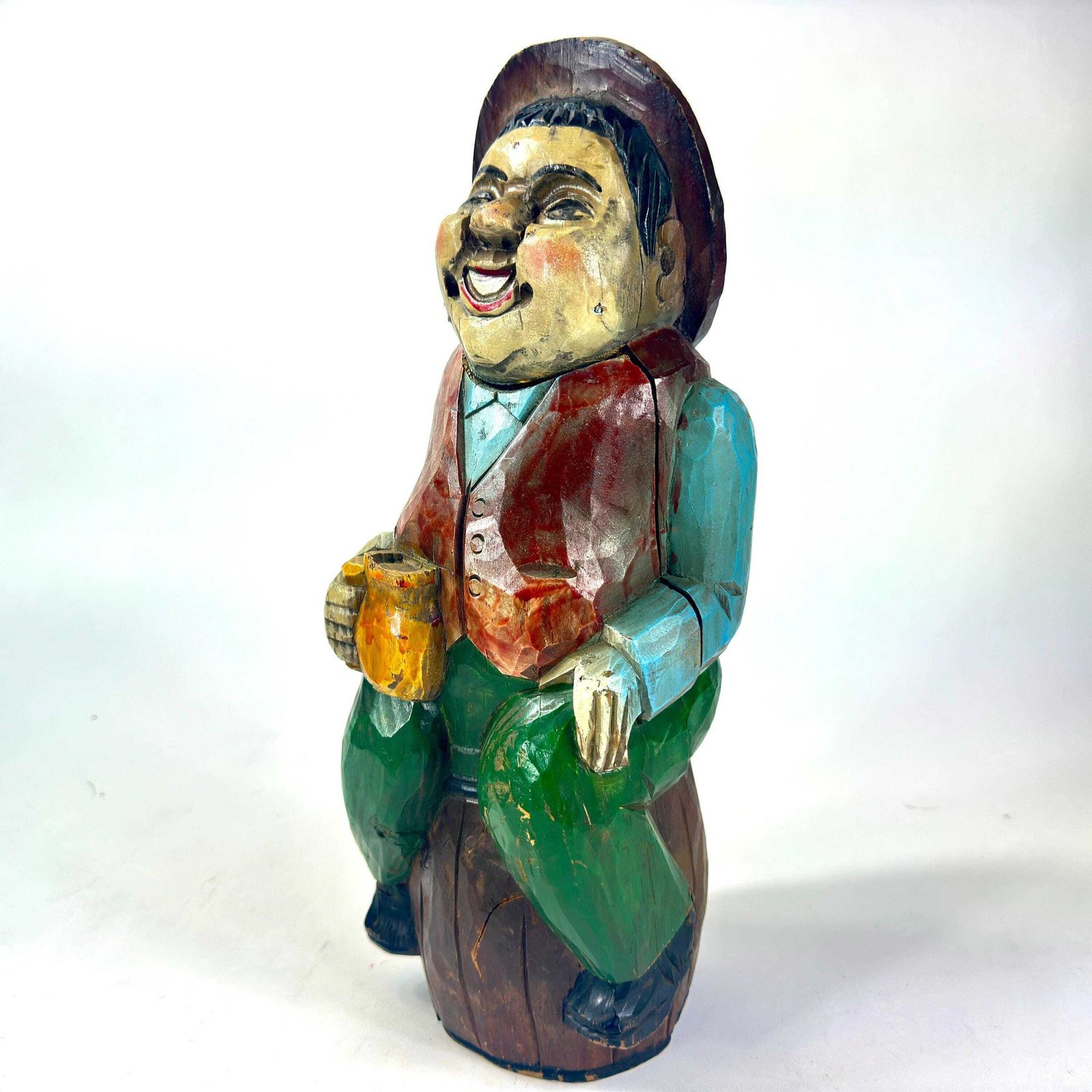 Vintage Hand Carved Wooden Wine Container – Jolly Man Figure Holding A Stein photo for sale