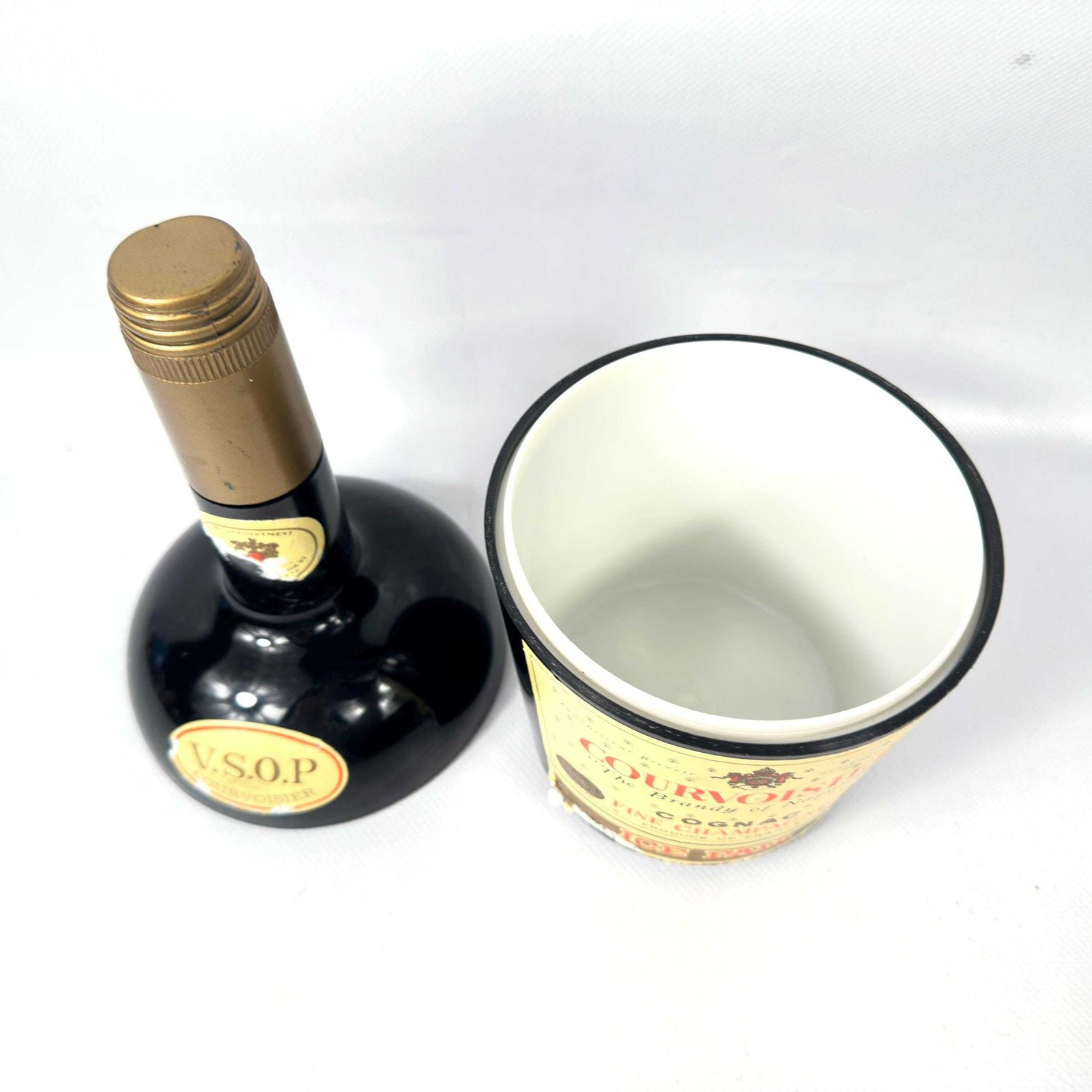 Vintage Courvoisier Cognac V.S.O.P. Ice Pail – 1970s French Barware, Advertising Bottle Ice Bucket photo vinterior