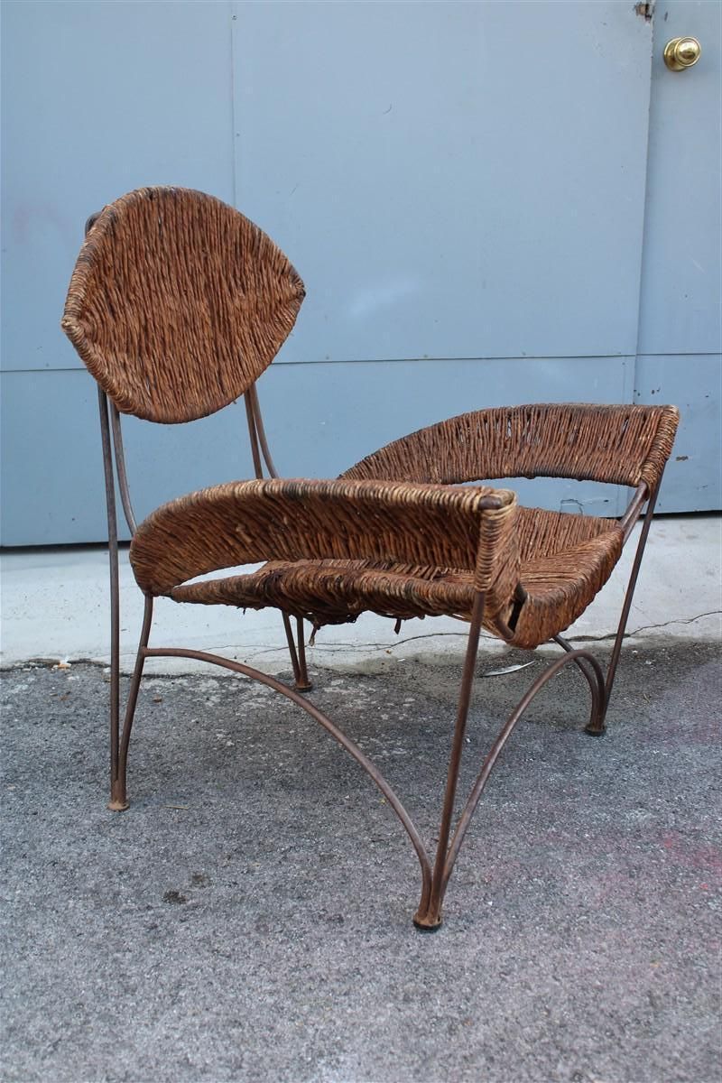 Furniture Pair Of Tom Dixon Banana Metal And Straw Cap Armchairs Italy 1980 photo