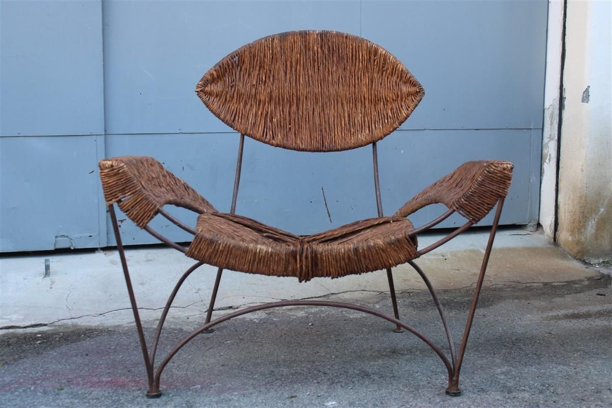 5184.0 Pair Of Tom Dixon Banana Metal And Straw Cap Armchairs Italy 1980 photo
