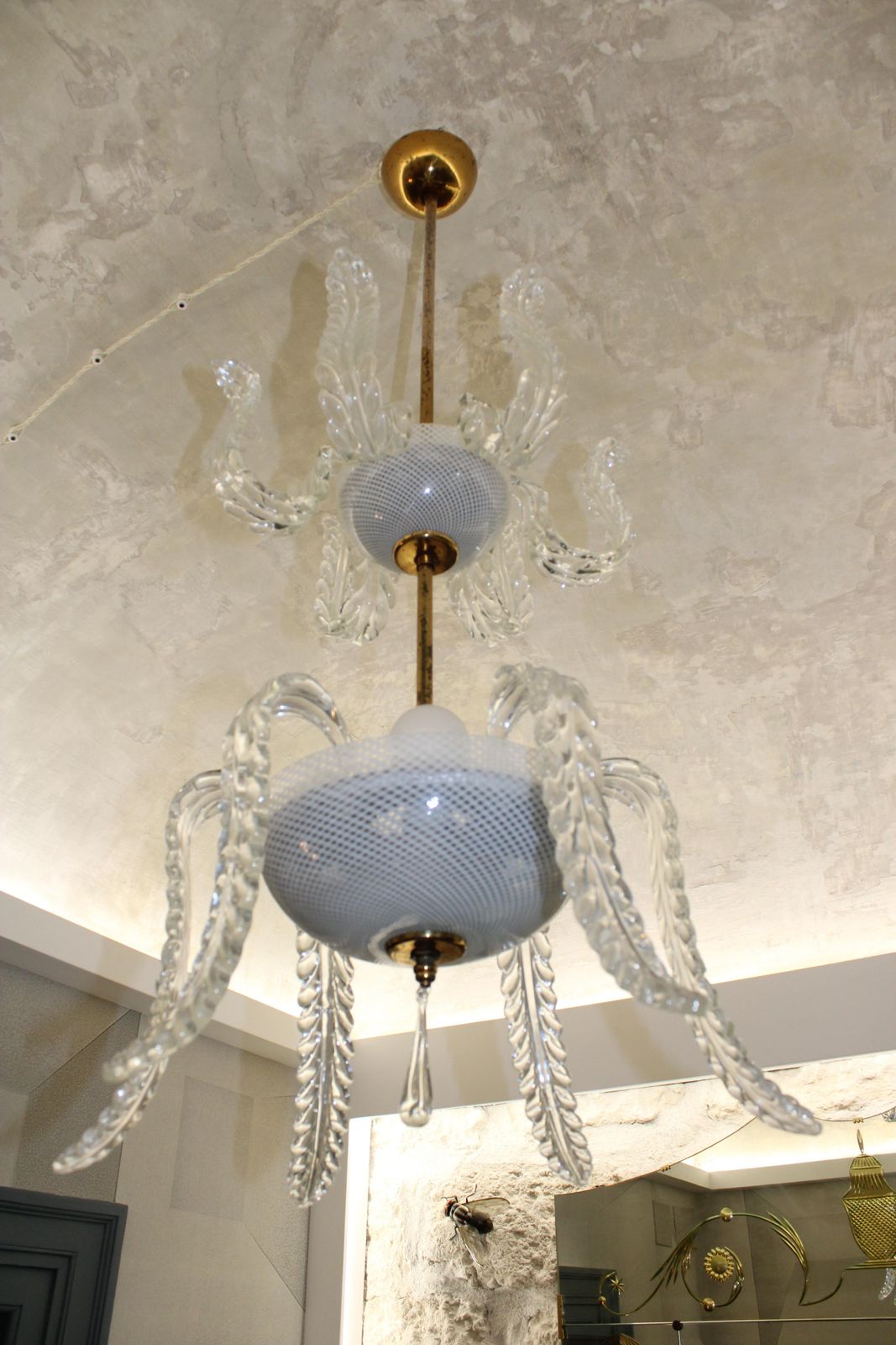 photo vinterior Venini Cascade Chandelier 1950 In Glass By Muranno Reticello And Ottone