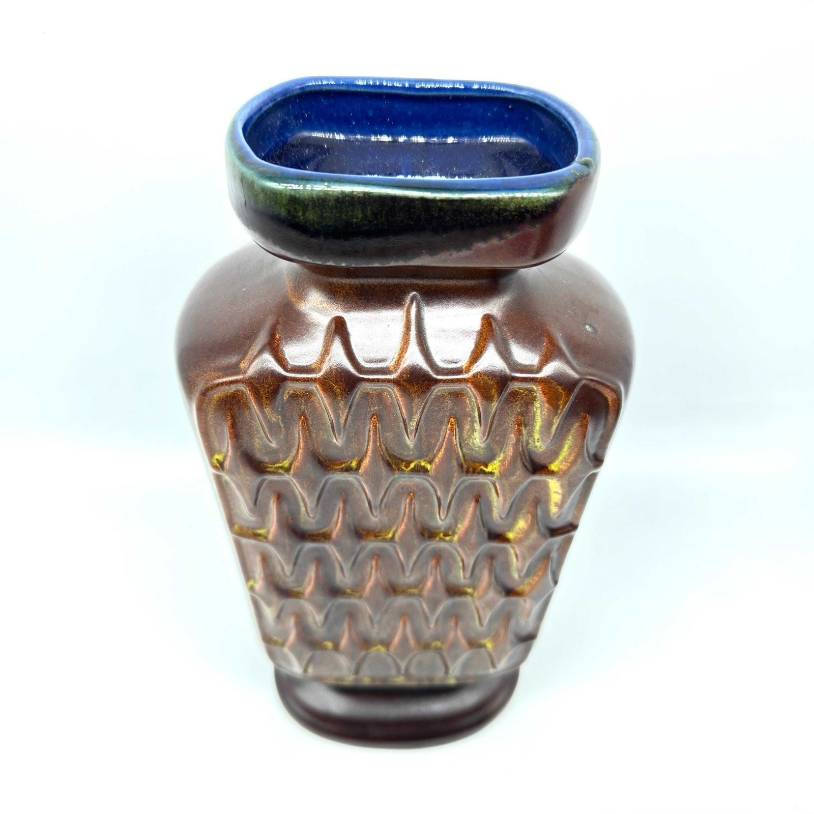 West German Art Pottery Vase – Scheurich 1250/28, 1970s Brown Chevron Glaze photo for sale