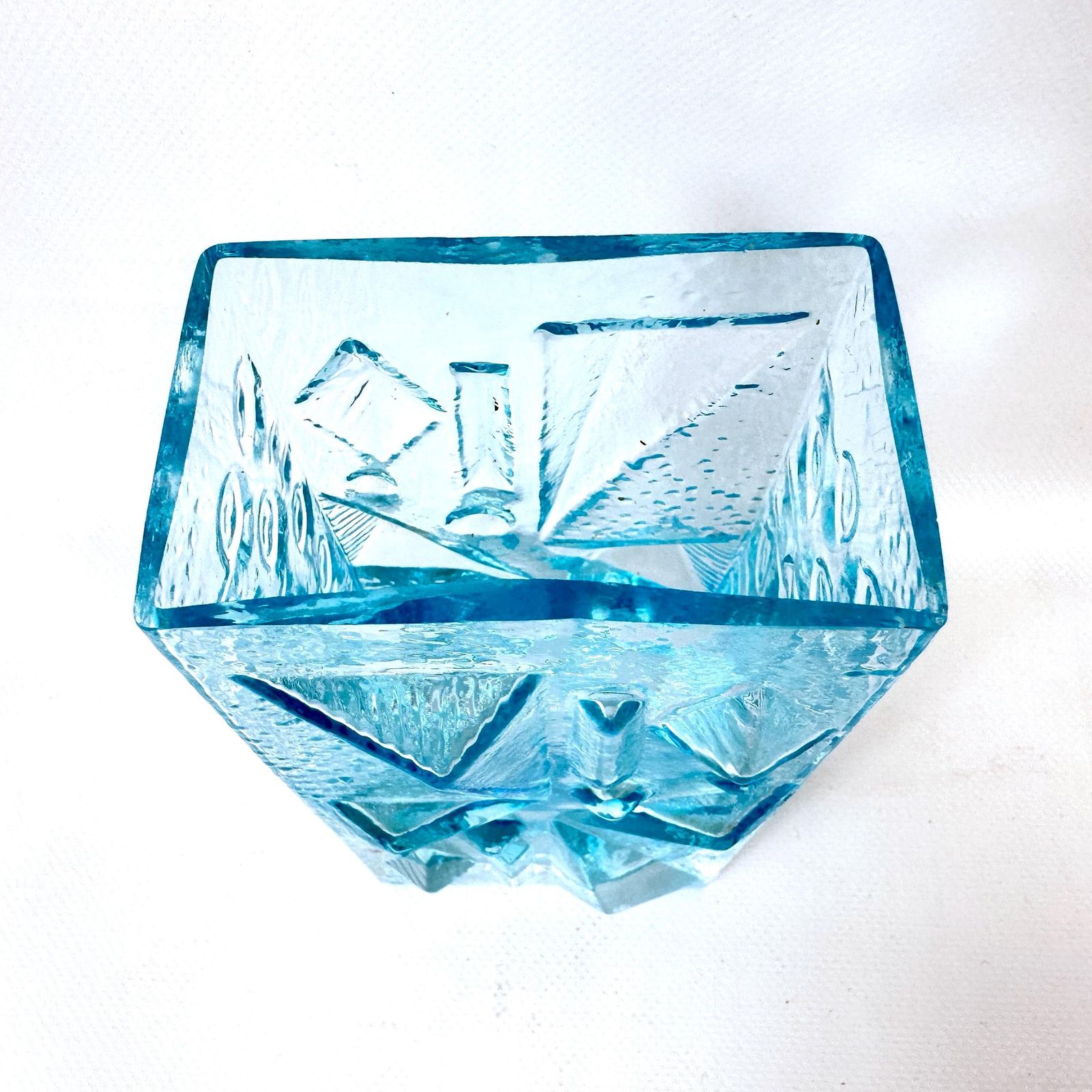 Mid Century Ice Blue Glass Vase By Josef Schott – Vintage Geometric Design, 1960s photo for sale