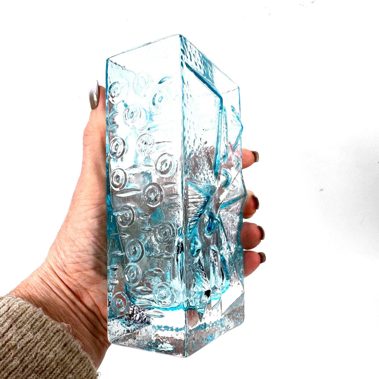 photo furniture Mid Century Ice Blue Glass Vase By Josef Schott – Vintage Geometric Design, 1960s
