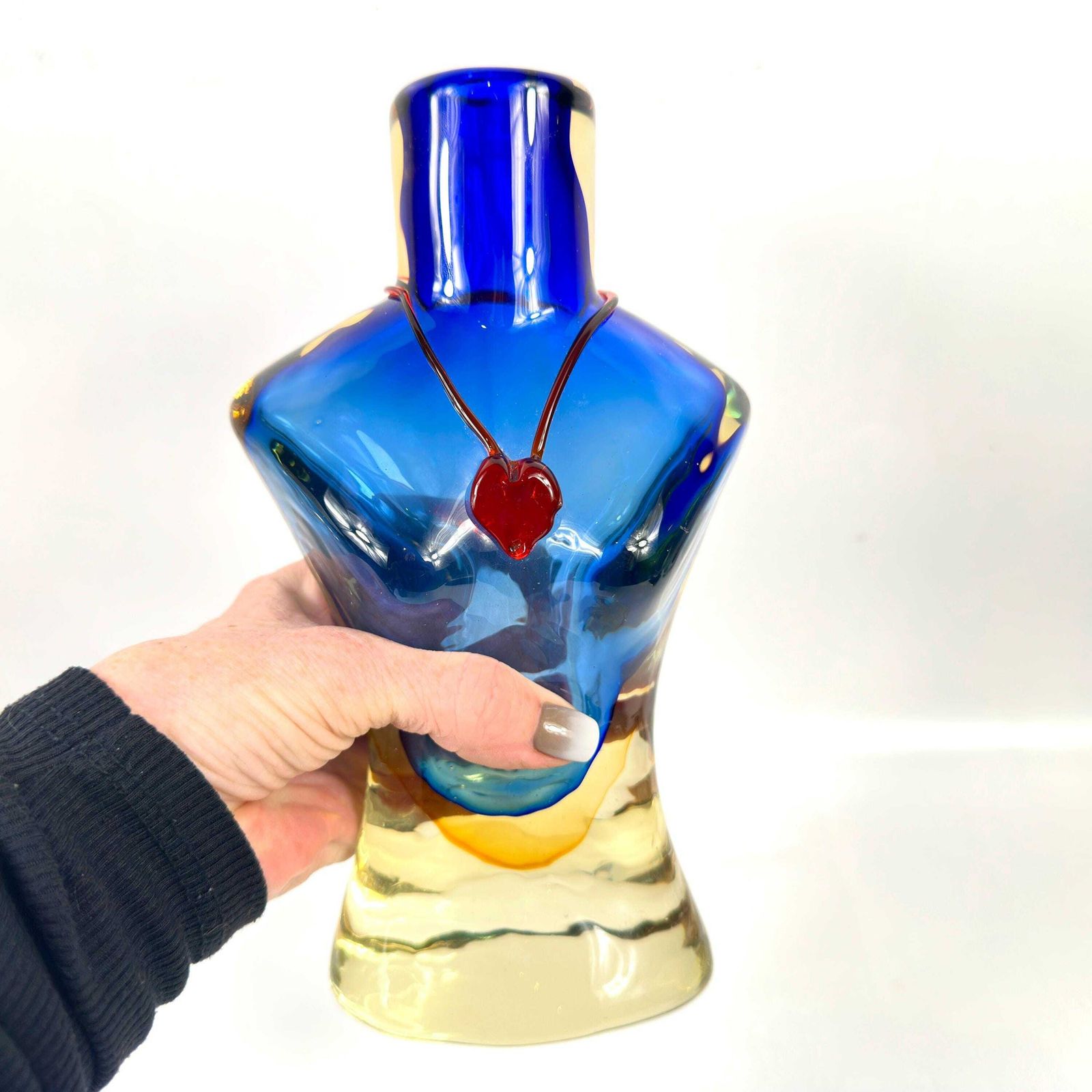 photo for sale Scandinavian Art Glass Torso Vase – Hand Blown Glass With Red Heart Necklace, 1980s