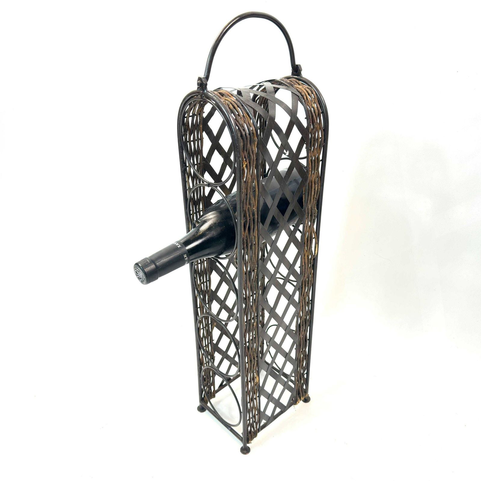 photo for sale Vintage Wine Rack – Wrought Iron And Wicker 5 Bottle Storage