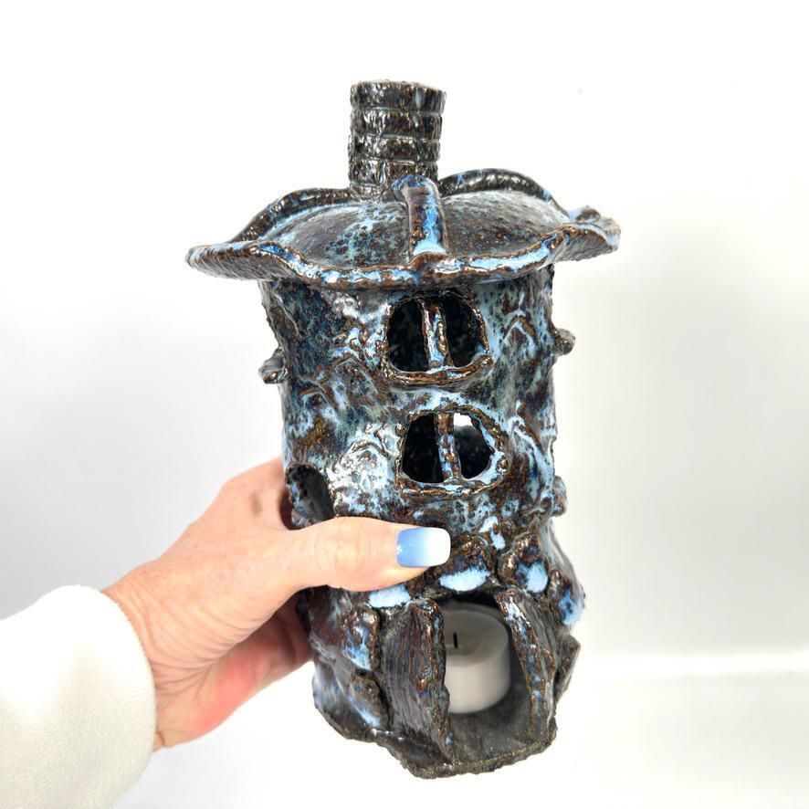 photo furniture Vintage Studio Pottery Troll House Candle Holder – Sculptural Blue Glazed Ceramic, Mid Century Design