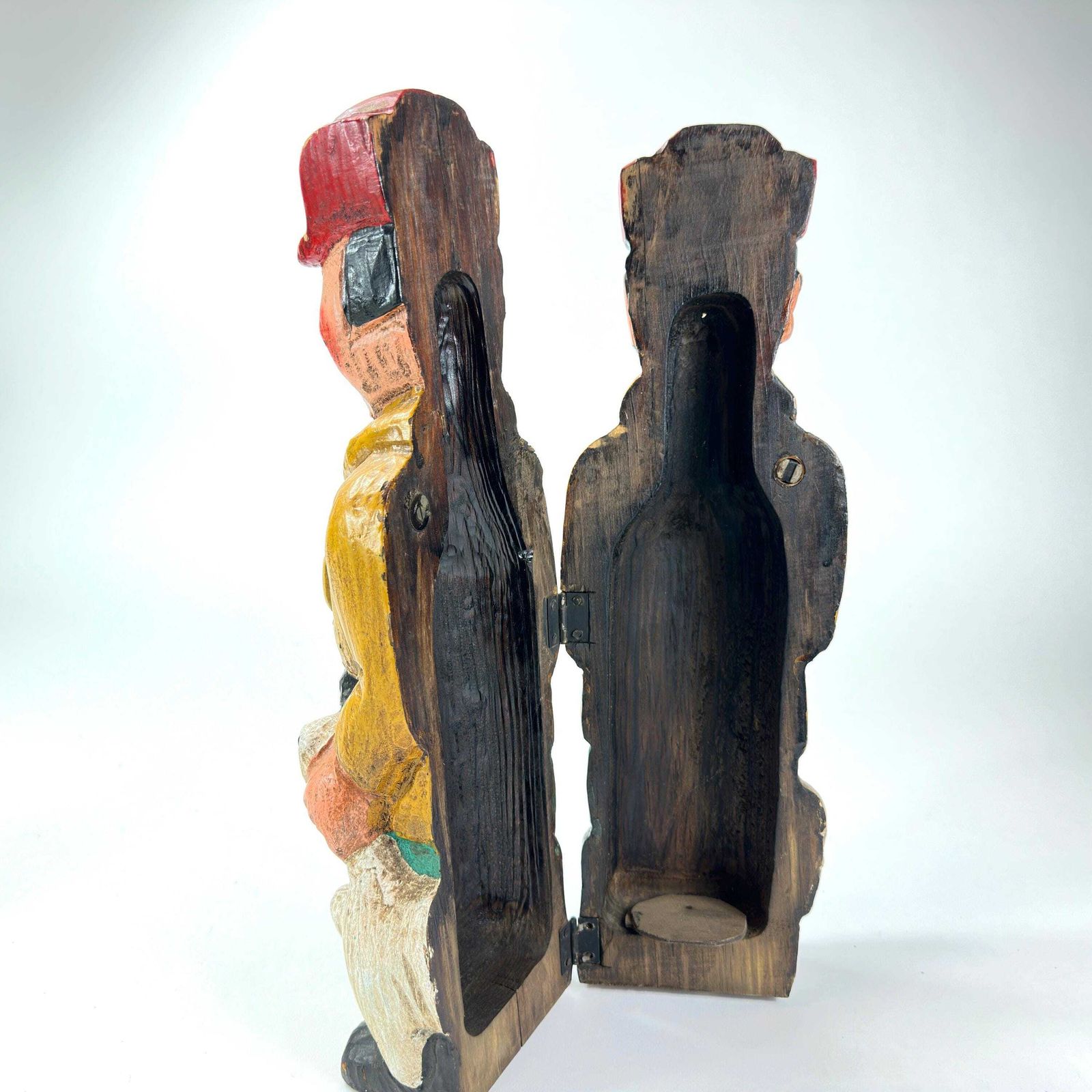 Antique Hand Carved Wine Bottle Box – Huntsman, Folk Art Barware C.1940s photo vintage