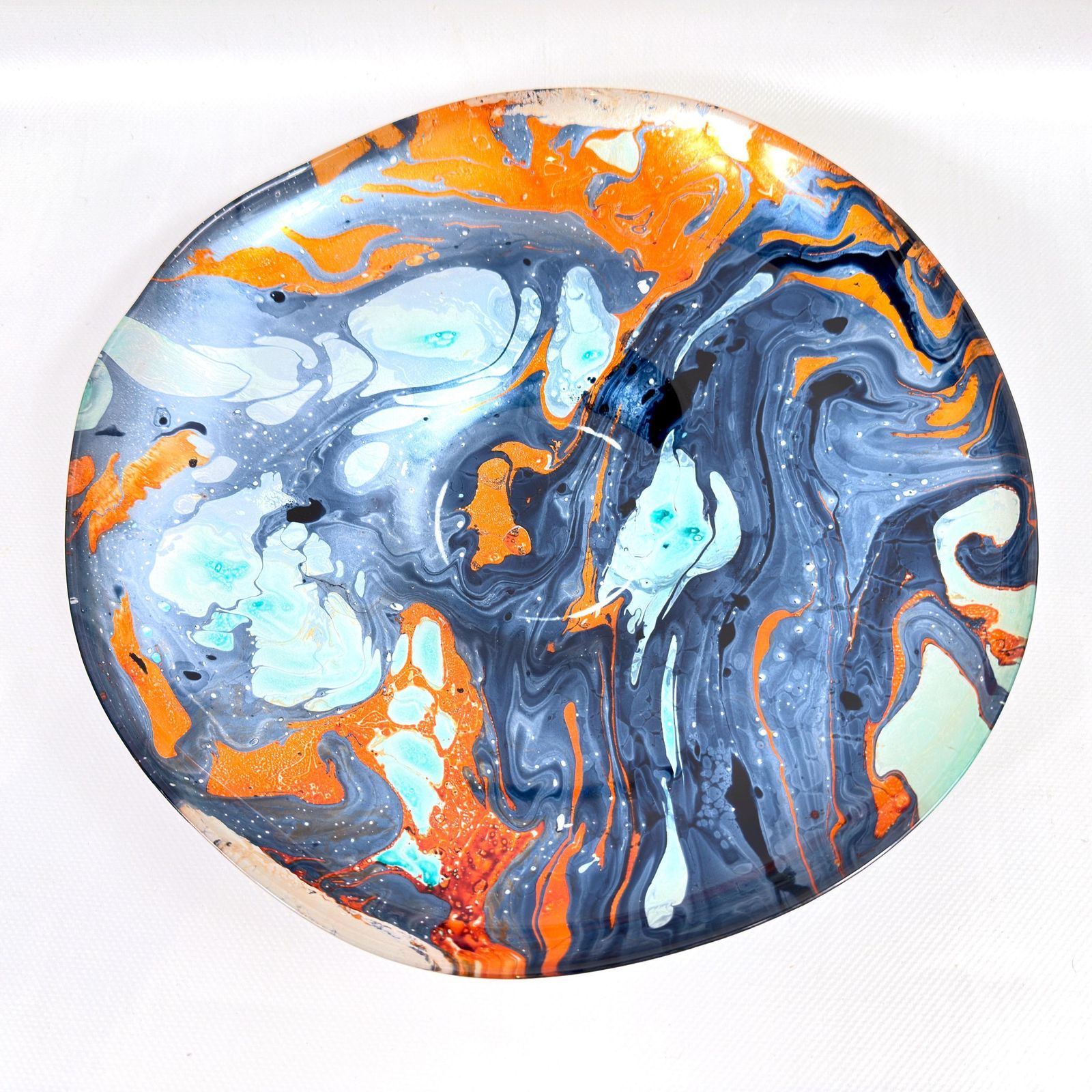 Scandinavian Art Glass Bowl – Large Centrepiece With Blue, Aqua & Orange Marbling, 30.5 Cm photo 150.0