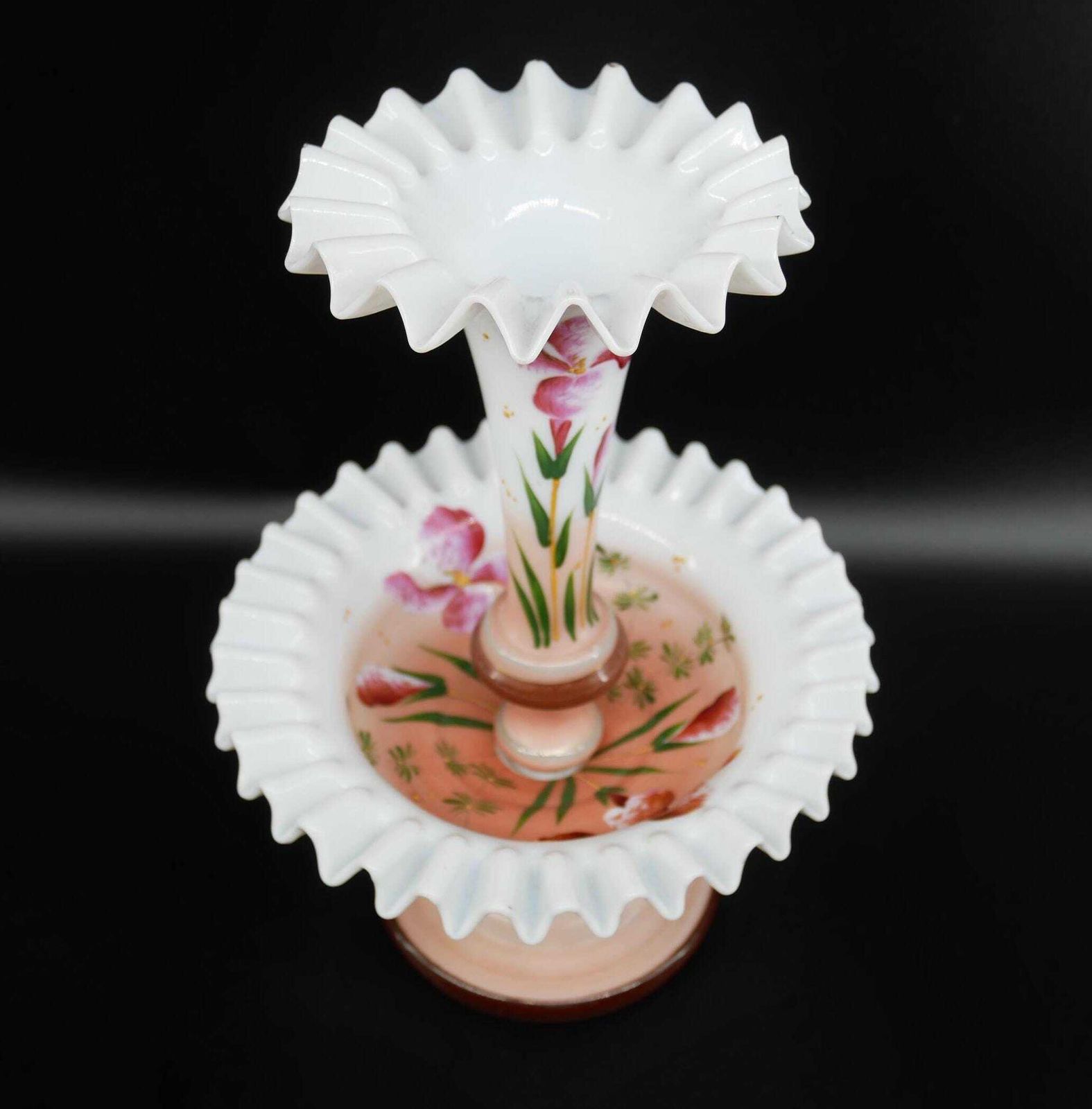 Antique French Art Nouveau Vase – Hand Painted Opal Glass – Pedestal Trumpet Design photo for sale