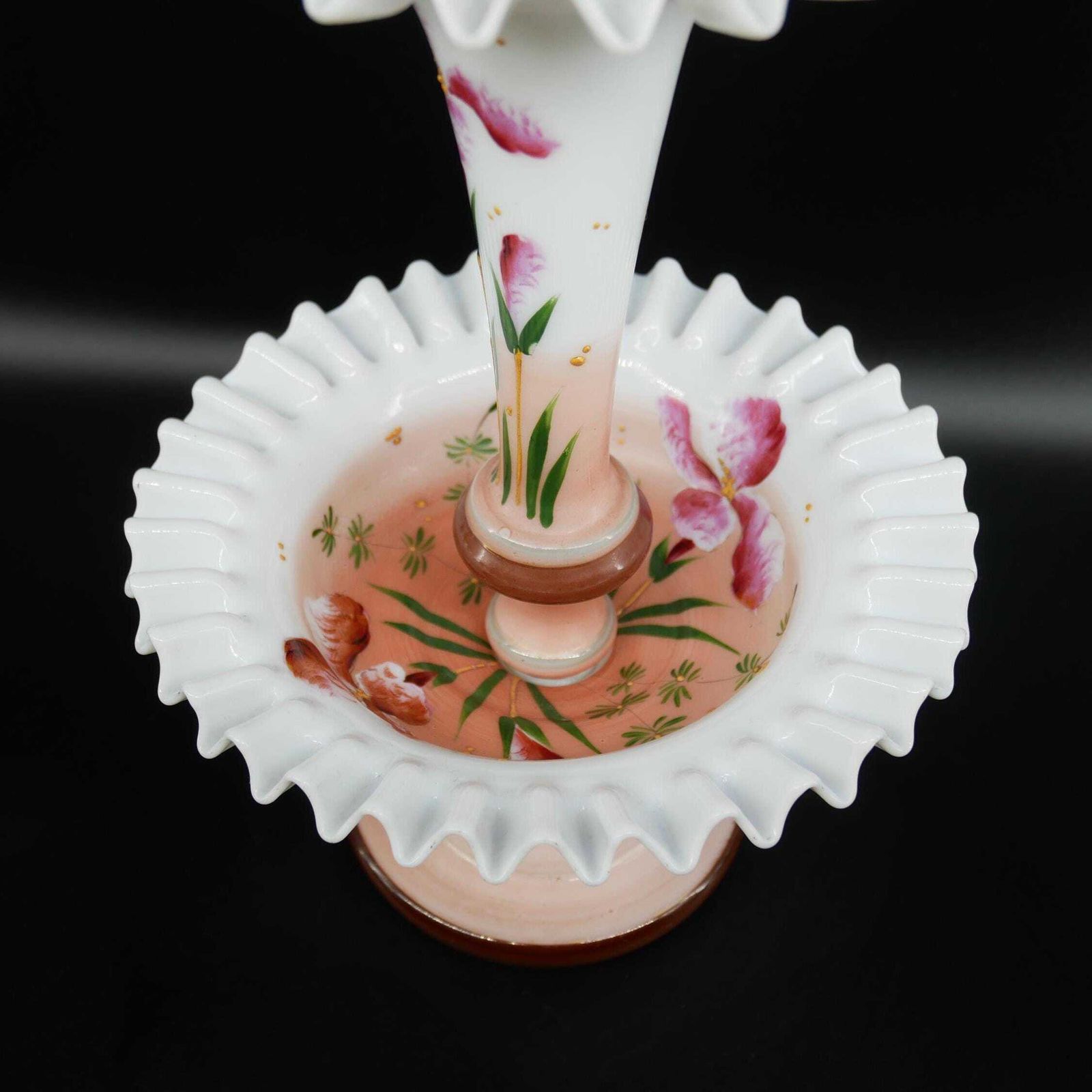 Antique French Art Nouveau Vase – Hand Painted Opal Glass – Pedestal Trumpet Design photo 208.0