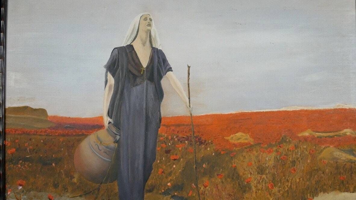 Mid Century Vintage Original Religious Oil Painting – "The Blind Woman In A Poppy Field" photo for sale