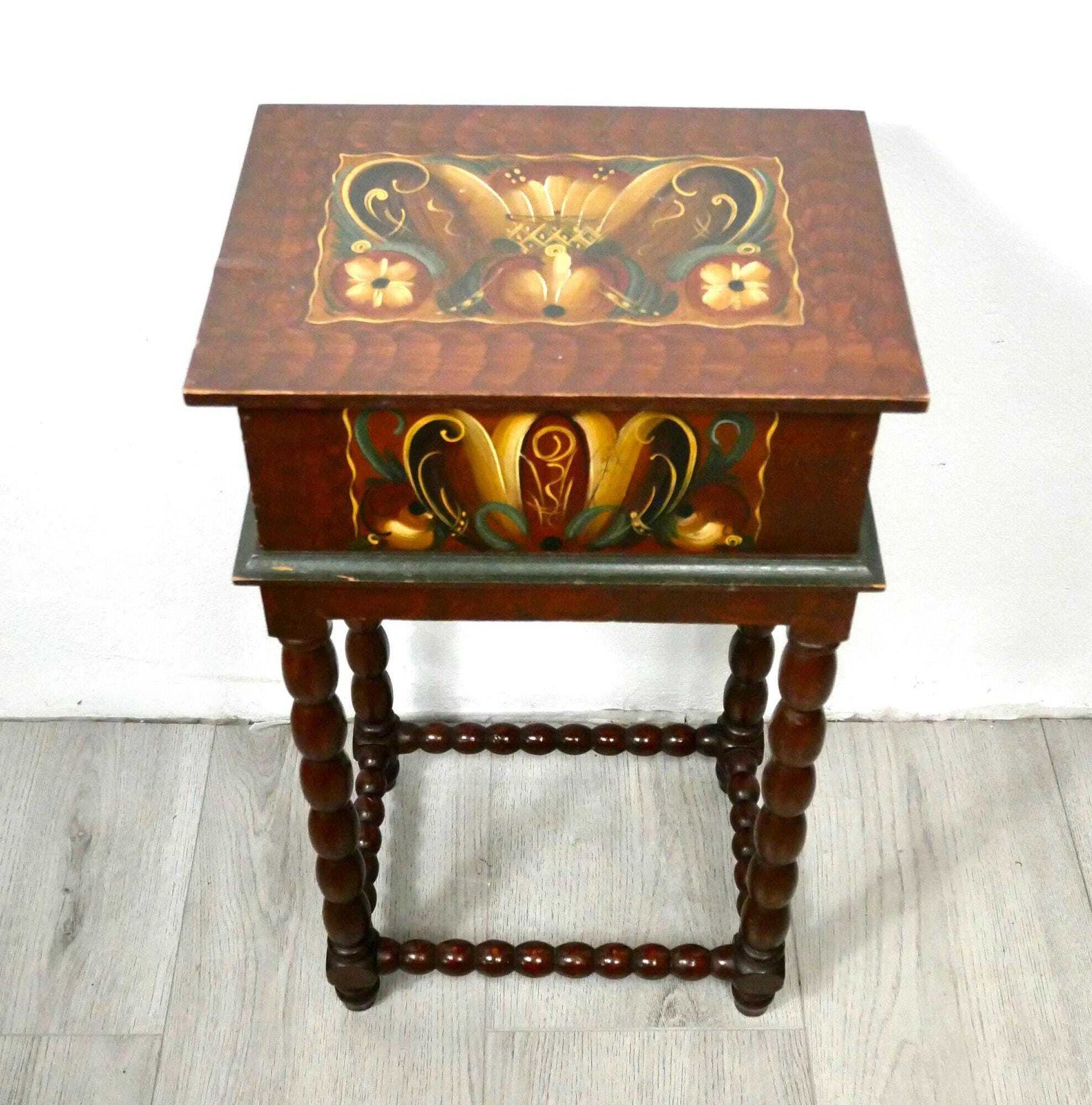 Vintage Hand Painted Kurbits Side Table: Swedish Rosemaling Folk Art photo furniture