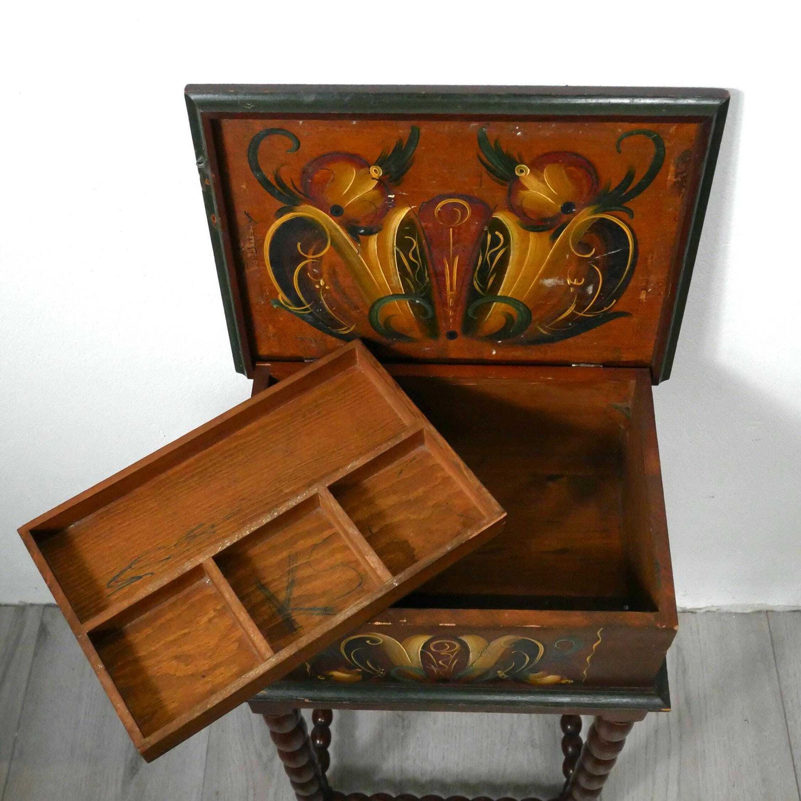 Vintage Hand Painted Kurbits Side Table: Swedish Rosemaling Folk Art photo vinterior