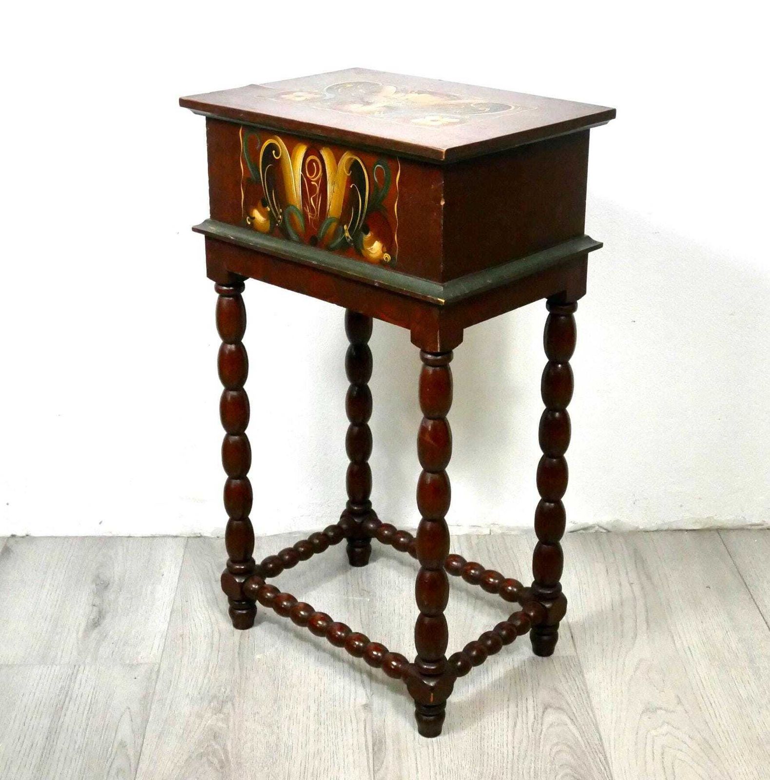 Vintage Hand Painted Kurbits Side Table: Swedish Rosemaling Folk Art photo buy