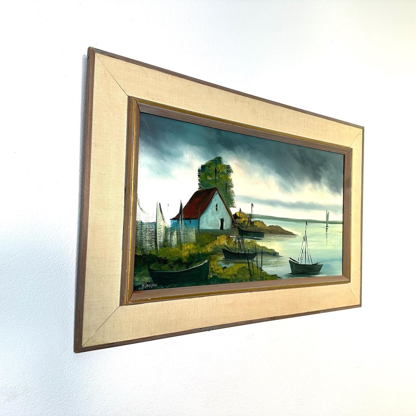 Vintage Scandinavian Oil Painting By Hartvig Jarlhov – Coastal Landscape With Boats – Mid Century Framed Art photo furniture