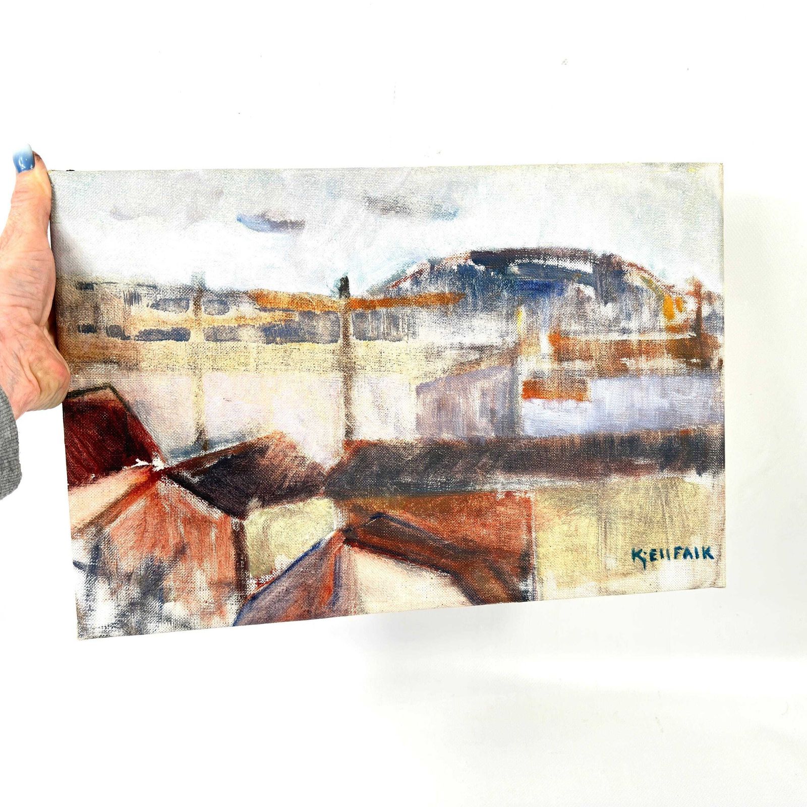 Oil Painting By Kjell Falk – Swedish Industrial Scene, 1970s photo furniture