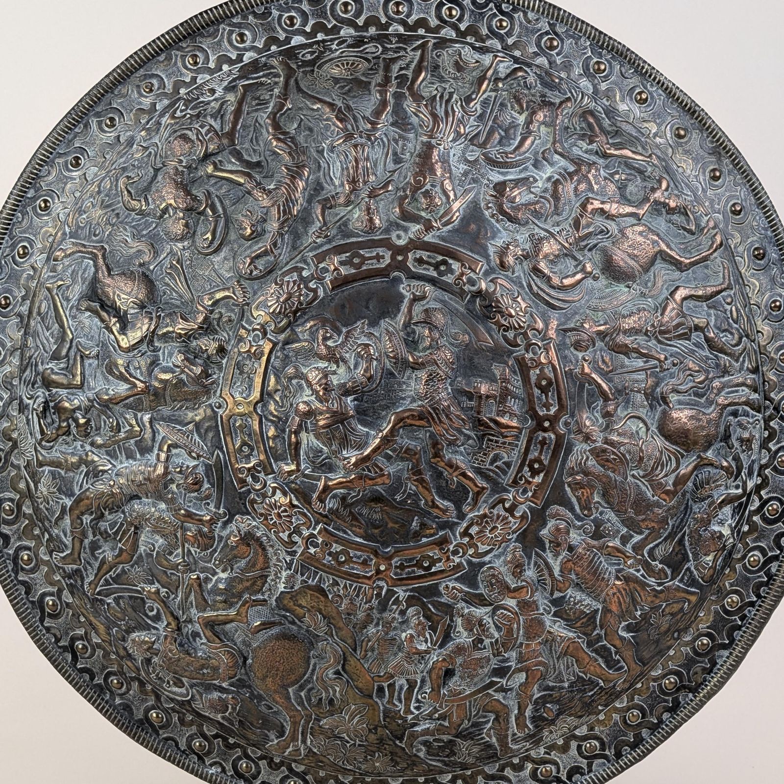 Large Brass Repoussé Shield Plaque Roman Battle Scene Victorian Grand Tour Wall Hanging Decor photo for sale