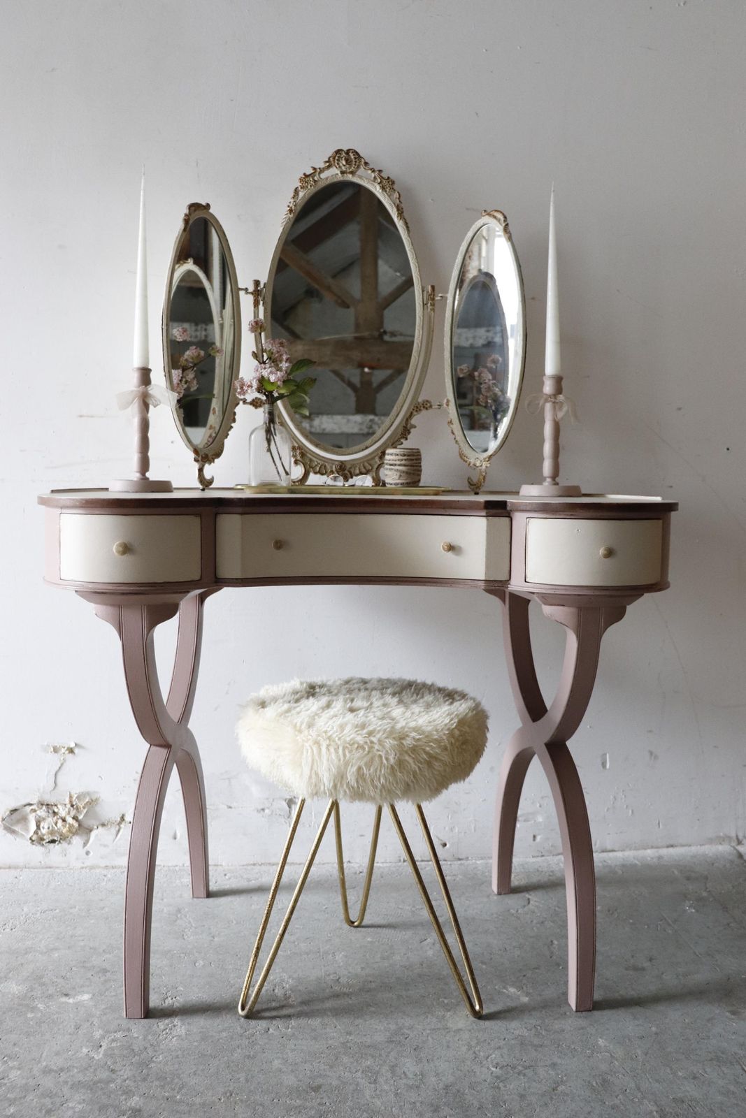 1950s German Boudoir Stool With Shaggy Faux Sheepskin Seat