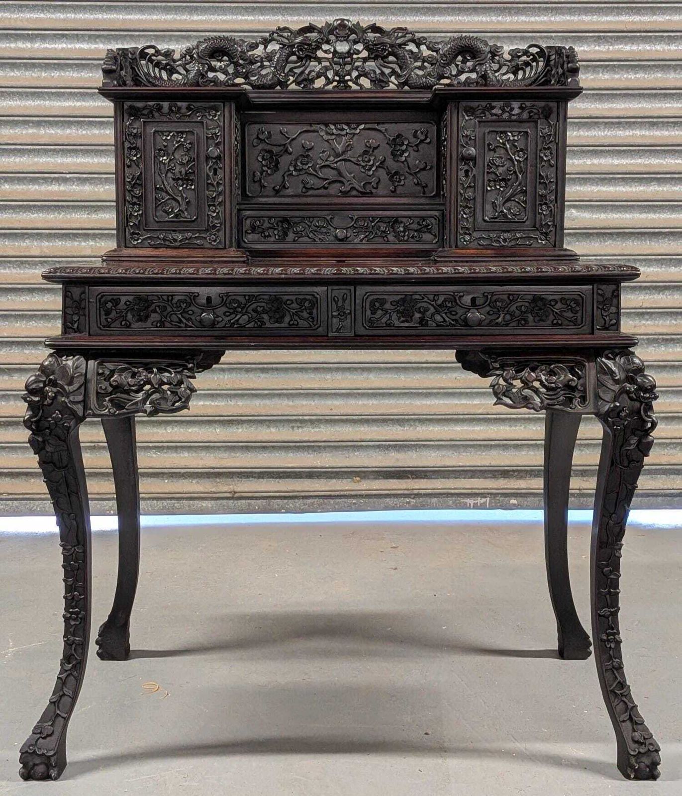 Rare Victorian 1880 Antique Carved Hongmu Desk