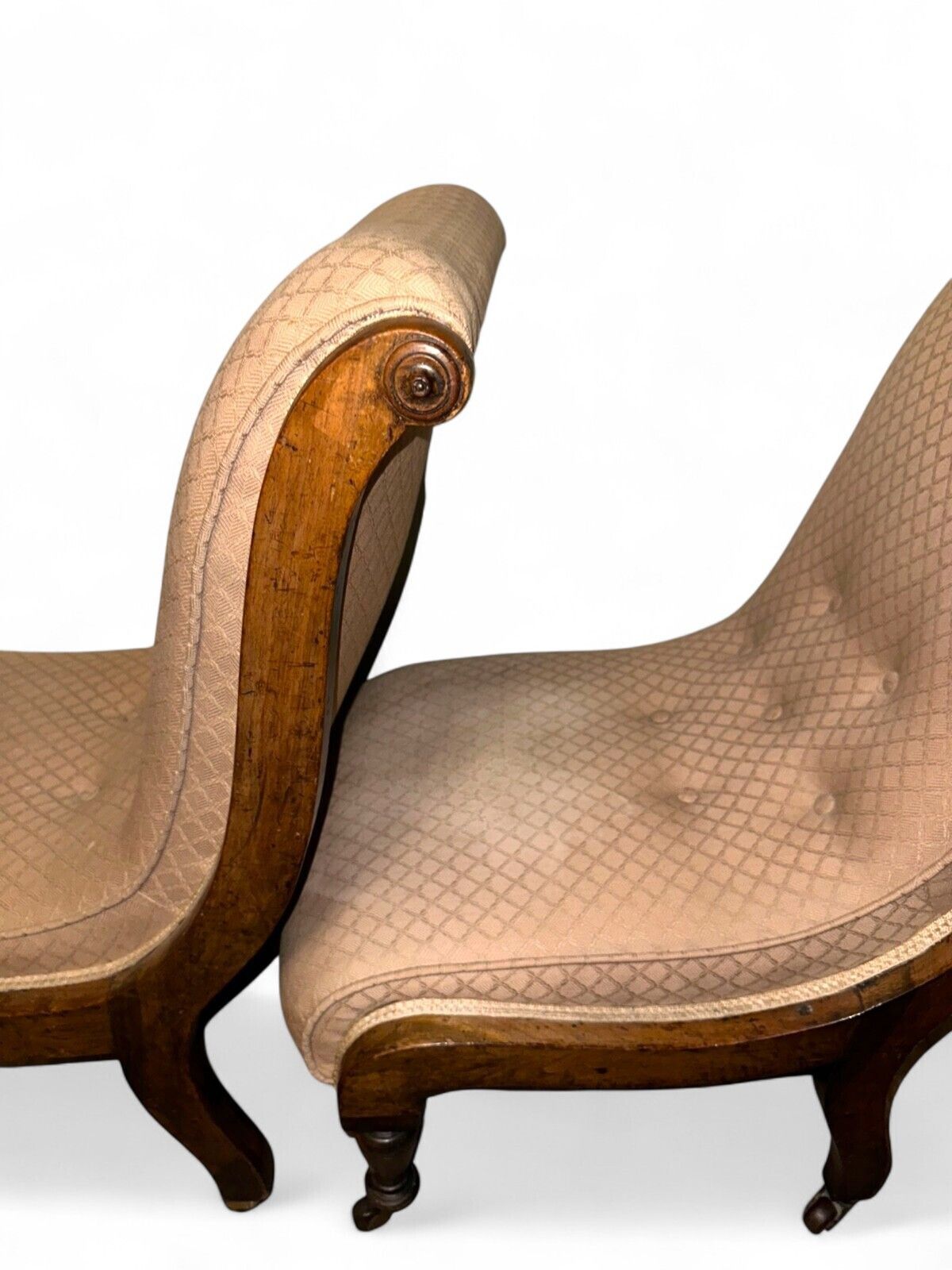 Pair Of Late Victorian Walnut Nursing Chairs – Carved Frames On Castors (C.1895) photo 295.0