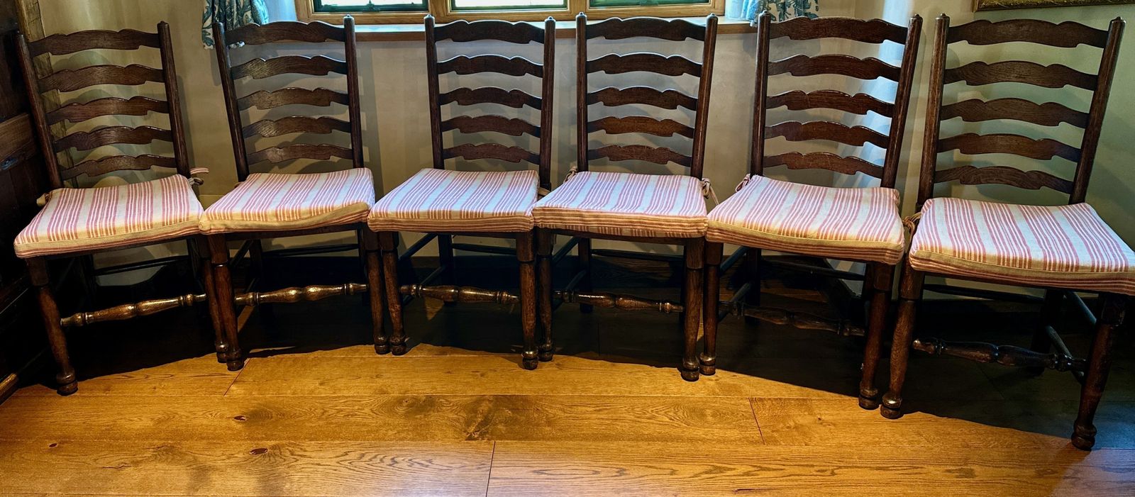 Set Of 6 Antique Lancashire Wavy Ladderback Rush Seat Chairs Vgc With Handmade Ian Mankin Linen Cushions photo buy