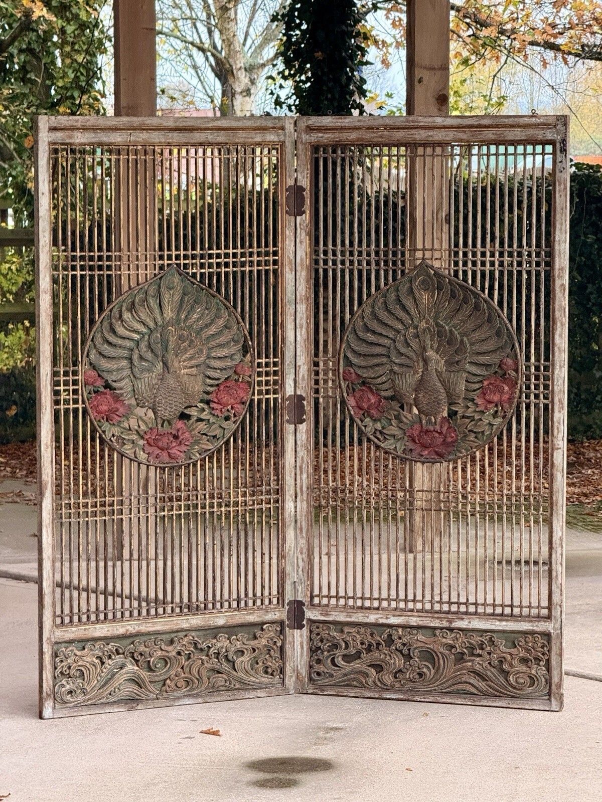 Antique Two Panel Lattice Screen With Carved Peacocks, Floral & Gilt Detail