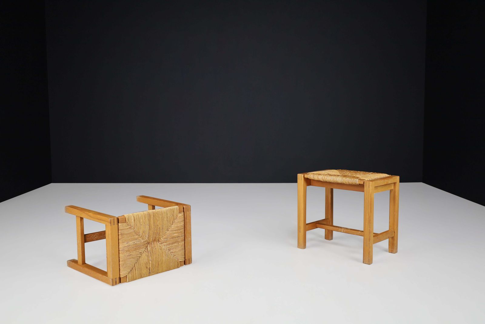 Set Of Two Mid Century Modern Elm And Rush Stools By Maison Regain, France, 1960 photo Furniture