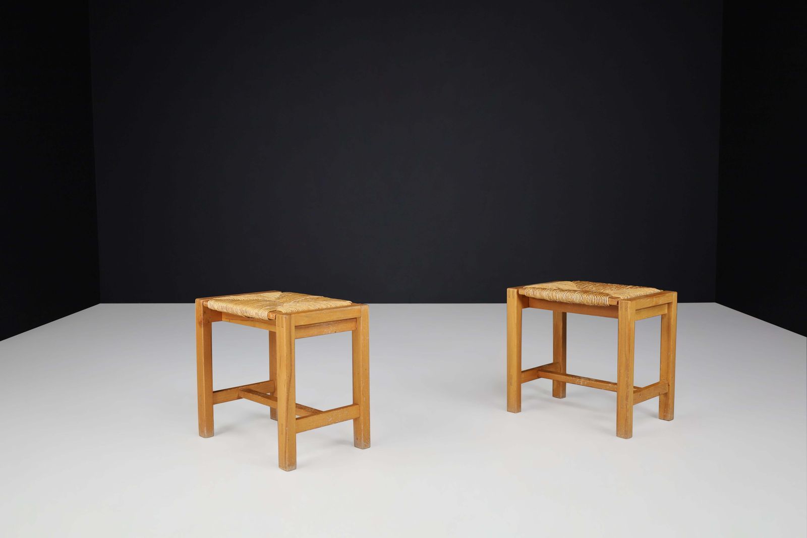 Set Of Two Mid Century Modern Elm And Rush Stools By Maison Regain, France, 1960 photo buy