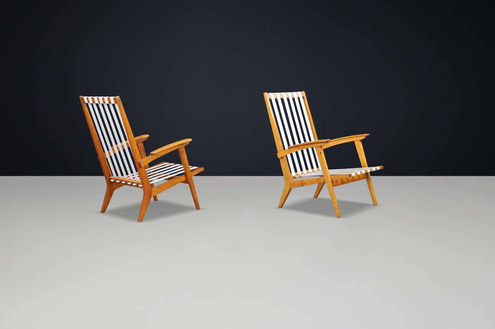 Mid Century Modern Highback Armchairs In Oak And Canvas Straps, France, 1950s photo 2997.0