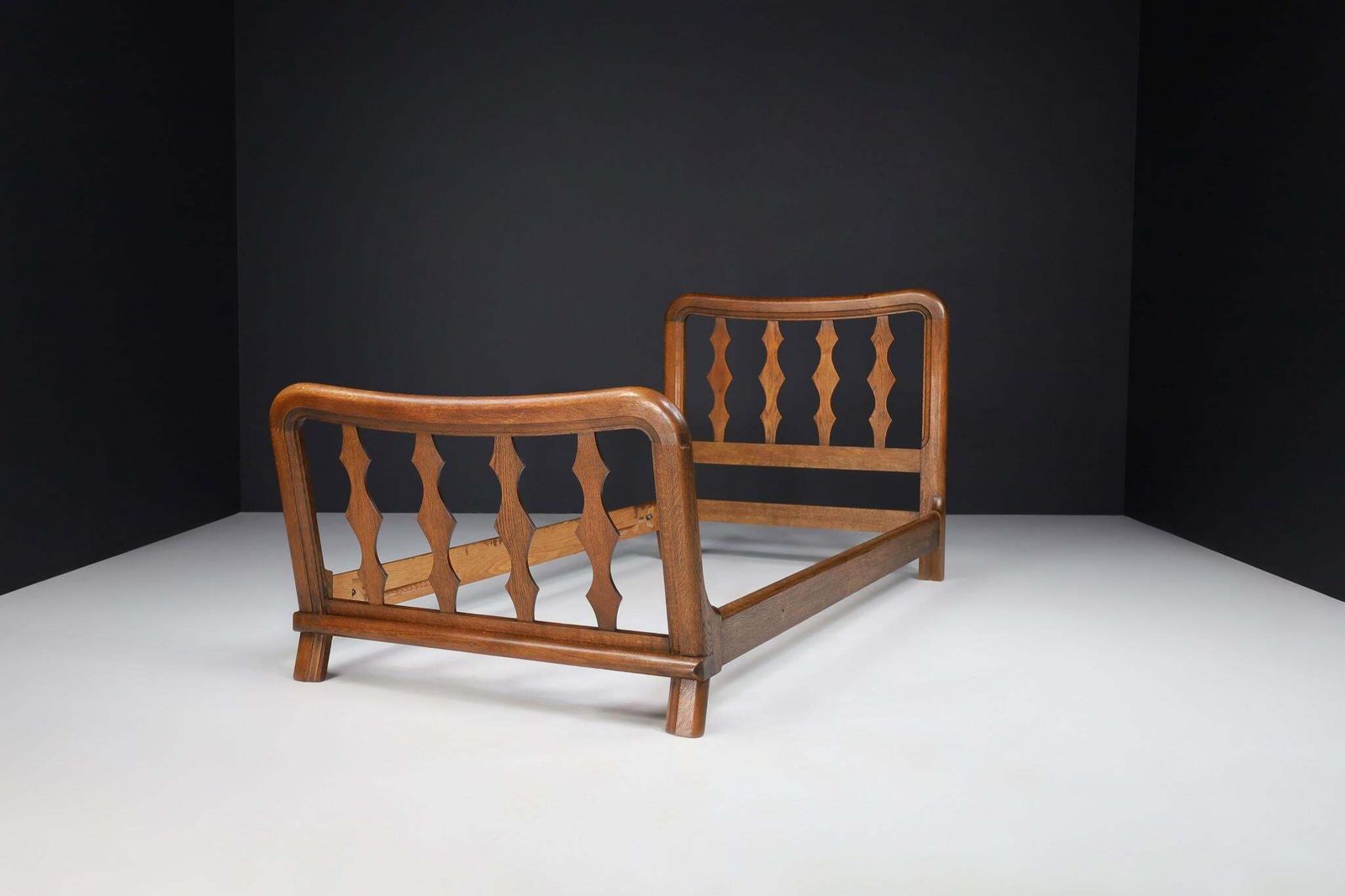 Mid Century Modern Guillerme & Chambron Bed Frame In Solid Oak, France 1960s photo furniture