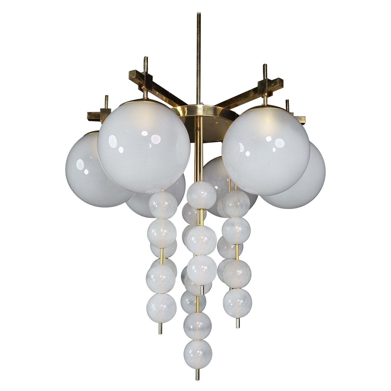Brass Chandelier With Frosted Glass Globes, Czechia 1950s