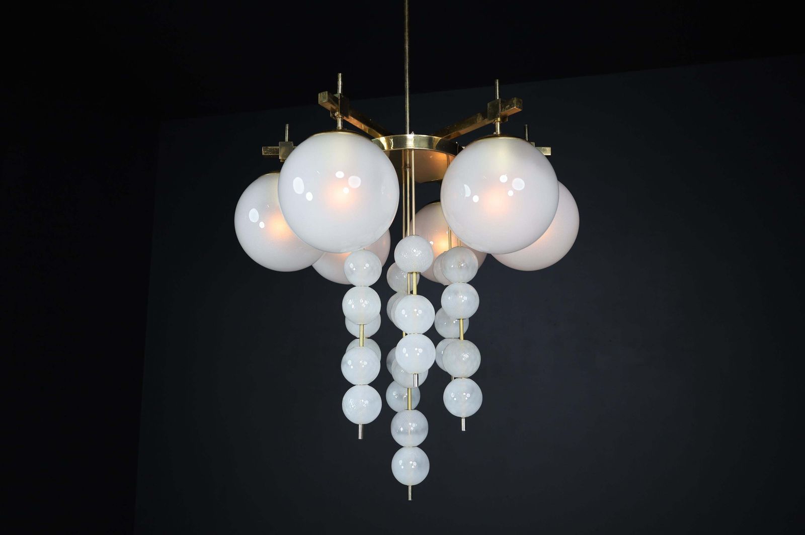 Brass Chandelier With Frosted Glass Globes, Czechia 1950s photo buy