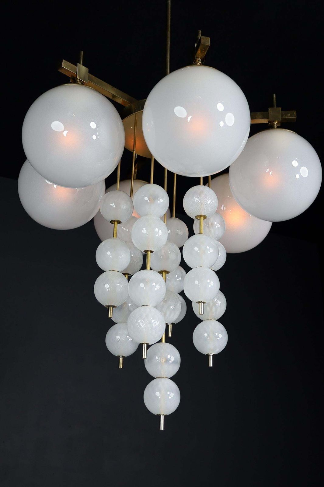 Brass Chandelier With Frosted Glass Globes, Czechia 1950s photo vintage