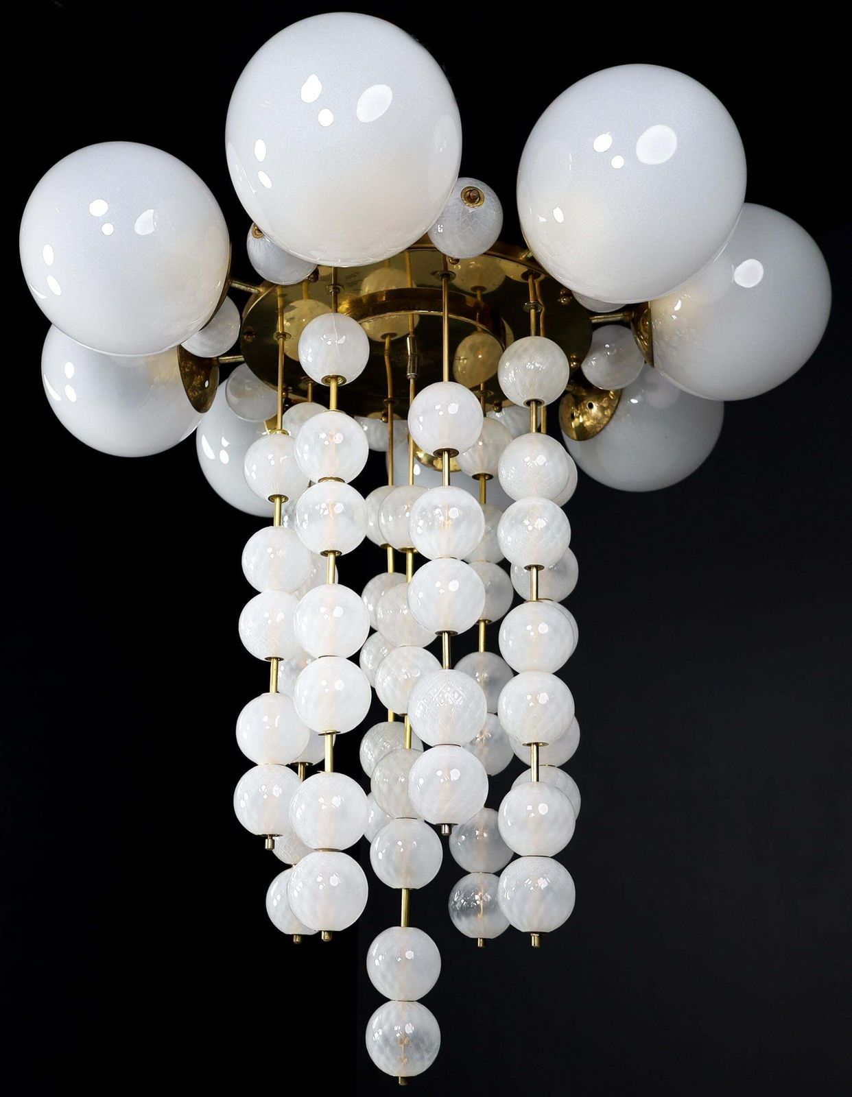 Set Of Five Grand Czech Chandeliers, Brass & Hand Blown Frosted Glass, 1960s photo for sale