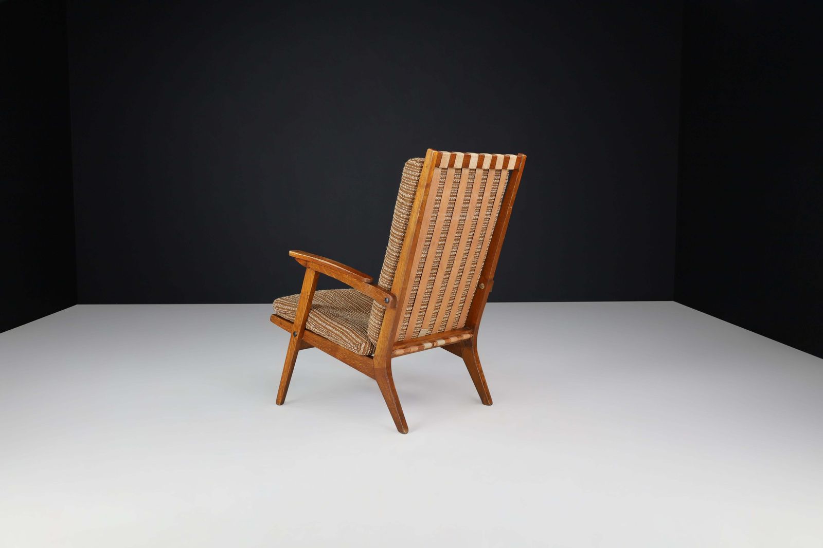photo vinterior Oak Sculptural Lounge Chairs With Brown Upholstery, France, 1950s