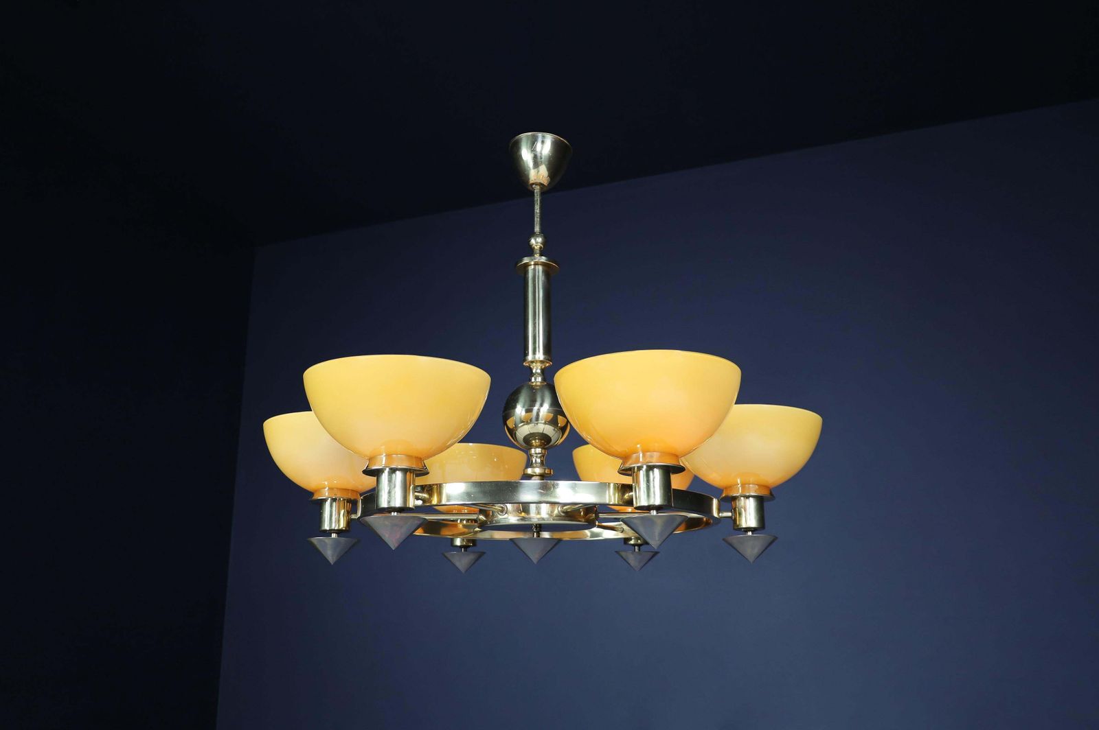 photo for sale Xl Brass And Amber/Gold Opaline Glass Chandeliers, Italy, 1970s (2 Available)