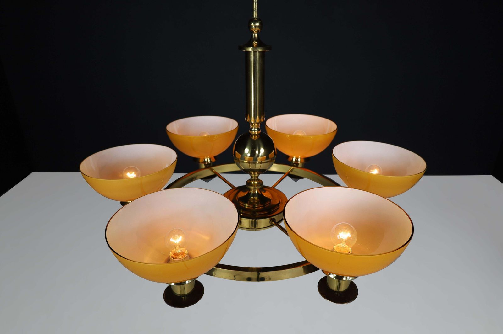 3649.0 Xl Brass And Amber/Gold Opaline Glass Chandeliers, Italy, 1970s (2 Available) photo