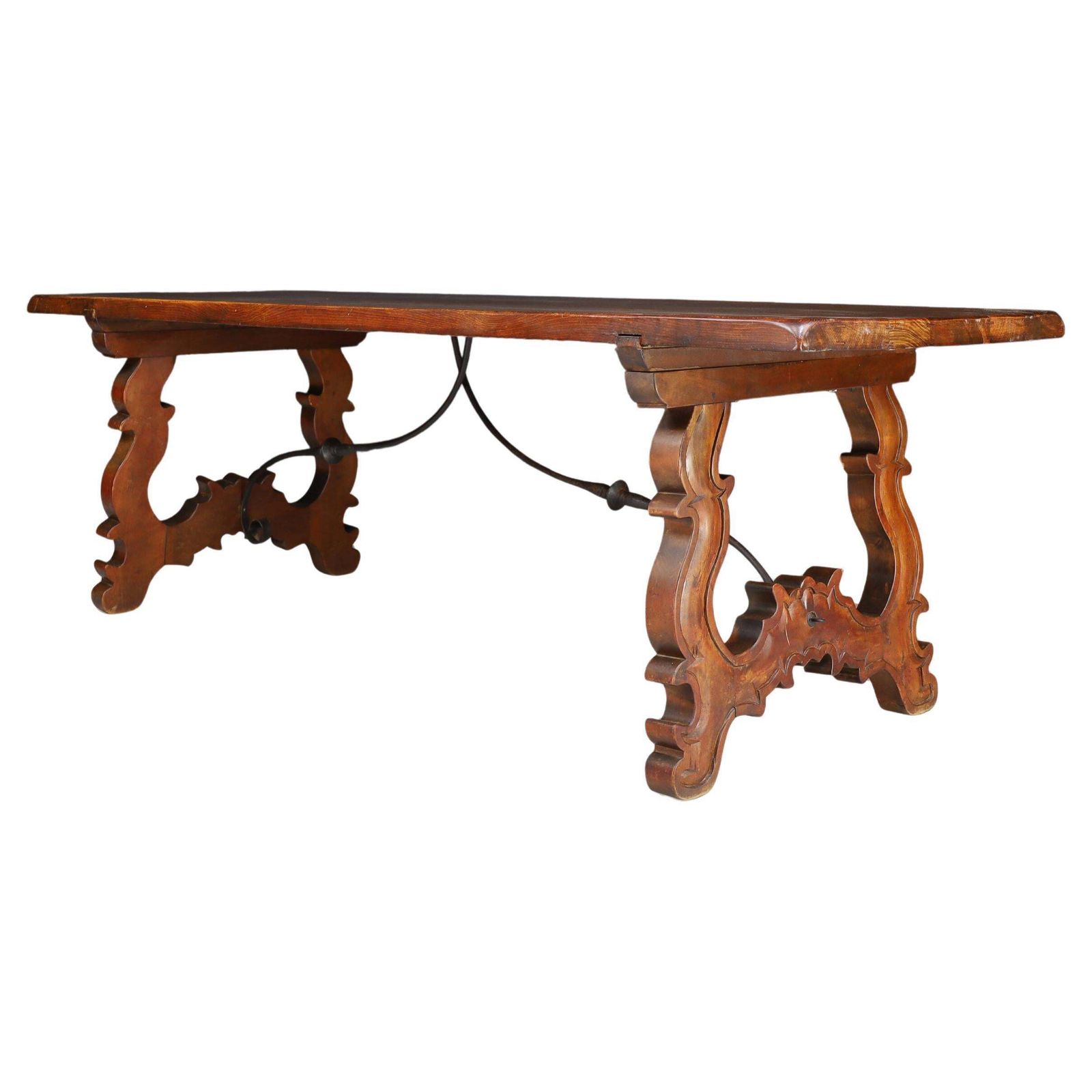 Antique Spanish Baroque Style Refectory Table With Carved Legs & Iron Stretcher