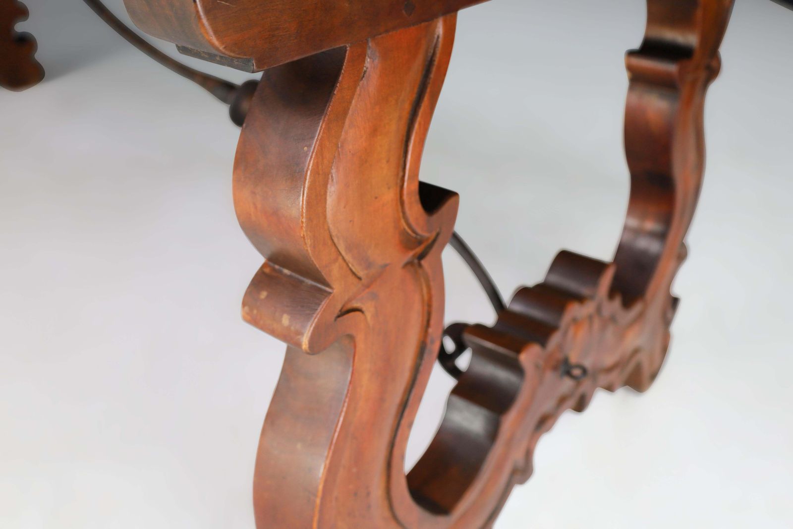 photo furniture Antique Spanish Baroque Style Refectory Table With Carved Legs & Iron Stretcher